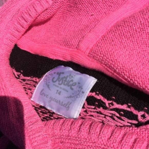 Justice Long Sweater Dress Junior 14 Pink Black Snowflake Hood Knit Winter - Picture 4 of 8